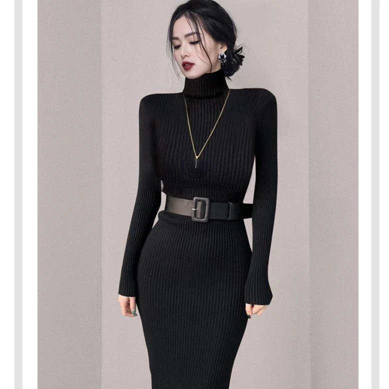 

Elegant Turtleneck Belt Tunic Slim Long Sweater Dress Women Thick Knit Autumn Winter Dress Female Solid Dresses Casual V23