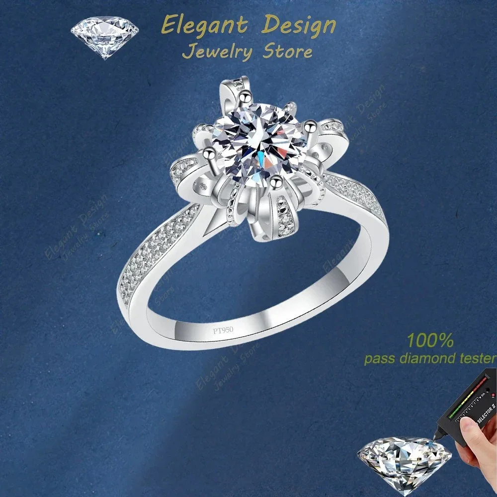 

Wedding Band 1CT Moissanite Diamond Women Peony Flower Platinum Pt950 Crown Ring Girl Birthday Gift Lady Engagement Fine Jewelry