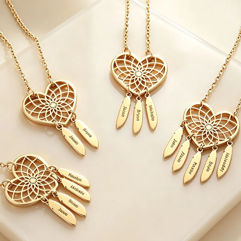 DUOYING Dream Catcher Custom Name Necklace Heart Shaped Hollow Pendant Personalized Feathers Accessorie Perfect Gift For Friend