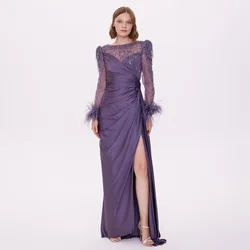 Luxury Evening Dress Purple Satin Beading Full Sleeves Elegant Wedding Guest Gowns for Women 2024 Feather Side Split Party Gown