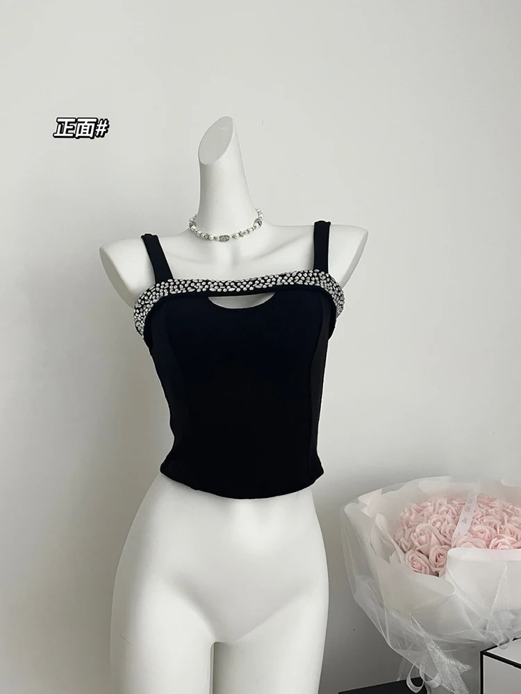 Summer Women Korean Coquette Crop Top Hollow Out Rhinestone Halter Top Kpop Gyaru 2000s Aesthetic Hot Sexy Camisole Y2k Cute