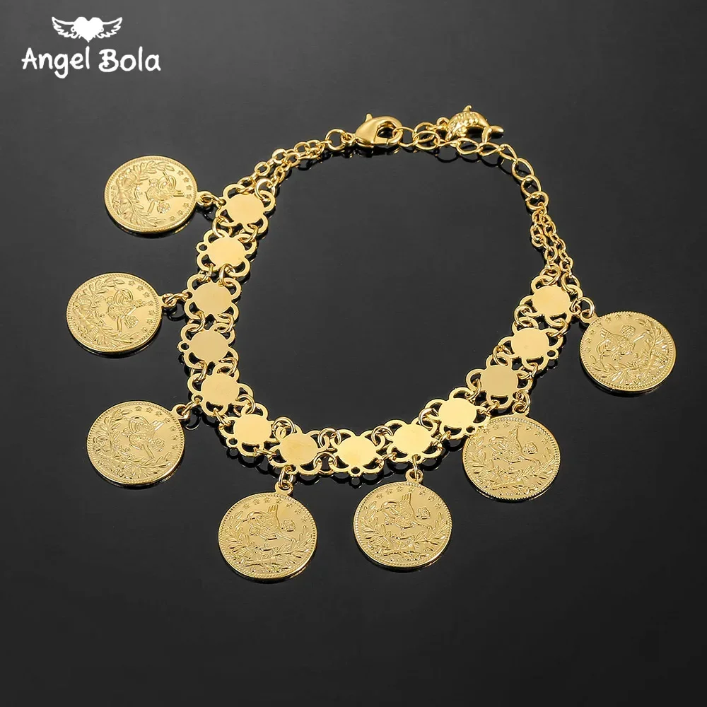 Wholesale Gold Mesh Chain Gold Turkey Pendant Bracelet Bangles for Women Wedding African Muslim Jewelry