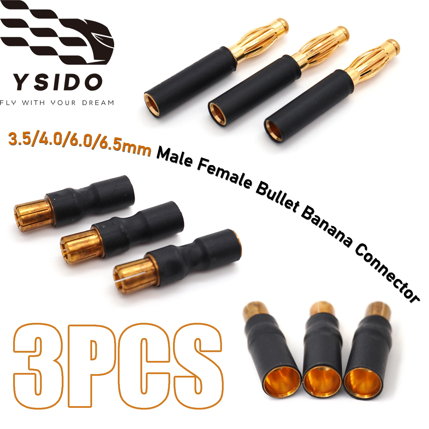 3PCS YSIDO Male Female Gold Bullet 3.5mm/4.0mm/6.0mm/6.5mm Banana Connector Adapter for Model Car Boat ESC Motor Accessories