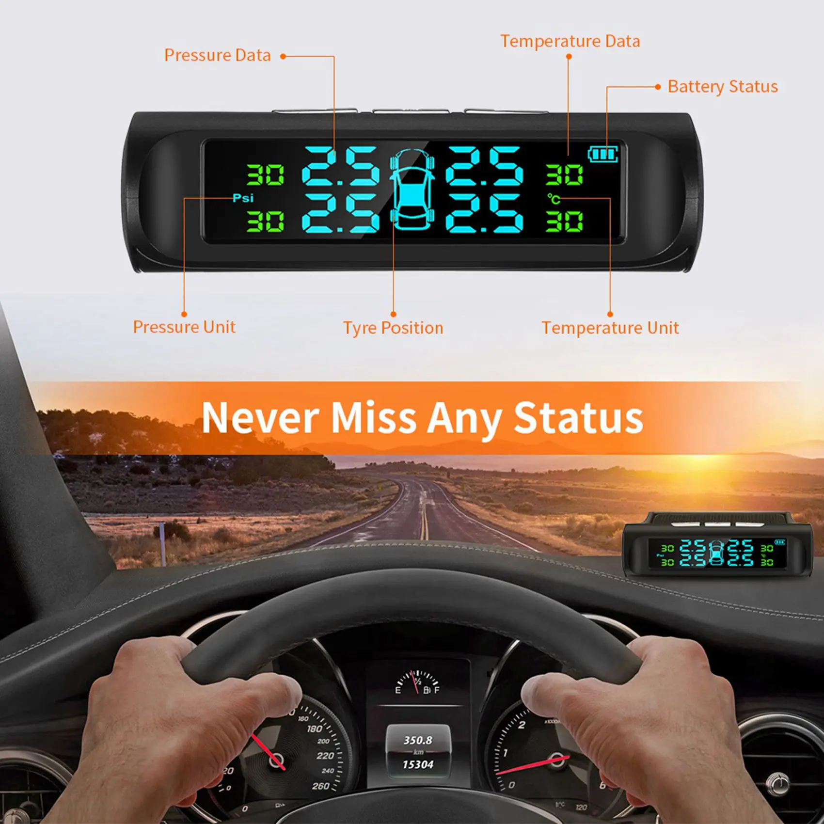

2X Solar Tpms Car Tire Pressure Alarm Monitoring System 4 External Automatic System Tire Pressure Temperature Warning-L94A
