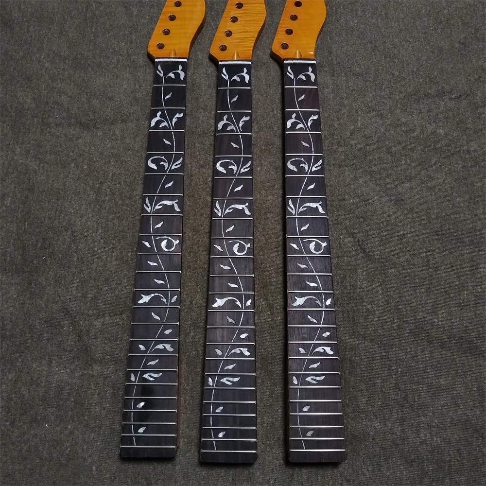22Frets Headstock Adjustment Flame Maple Eectric Guitar Neck Rosewood Fingerboard Tree Of Lifes Inlay Yellow Glossy Paint