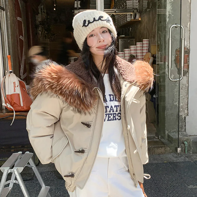 Women's Autumn Winter Top Coat Cotton Coat Fur Collar Horn Button Hood Thickened Warm Retro Comfortable Casual Niche Versatile