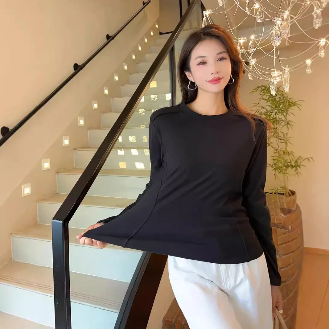 

Женская футболка с лоскутным узором, свободного кроя, базовый слой, простая женская одежда, осенне-зимний топ Deyong с длинным рукавом, однотонный, с круглым вырезом