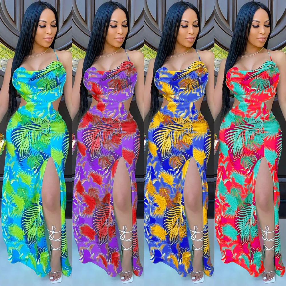 

Women Backless Maxi Dress Sexy Spaghetti Strap Slim Print Bandage Dress Club Party Beach Long Dresses 2022 Summer Tank Outfits