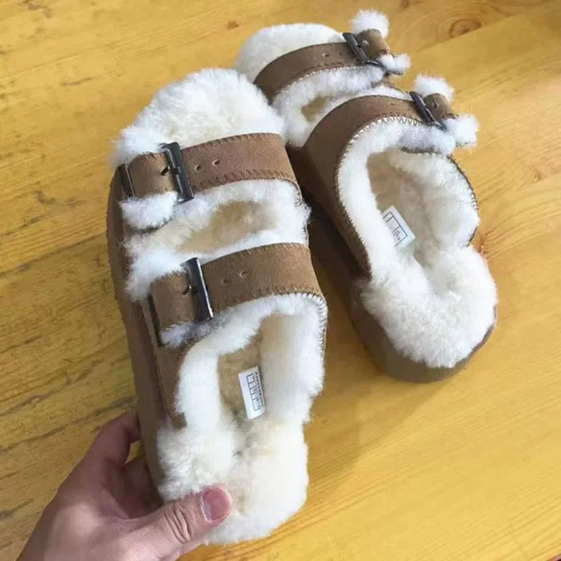 Autumn And Winter Women\'s New Woolen Slippers With High Thick Bottom And Double Bar Metal Buckle For Casual Woolen Dragging