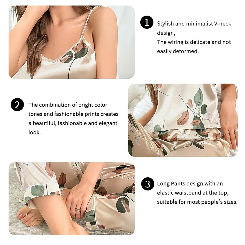 Satin Pajama Set For Women V-Neck Backless Cami Tops & Elastic Pants Pajamas 2 Piece Set Sexy Sleepwear Loungewear Pyjama Suit