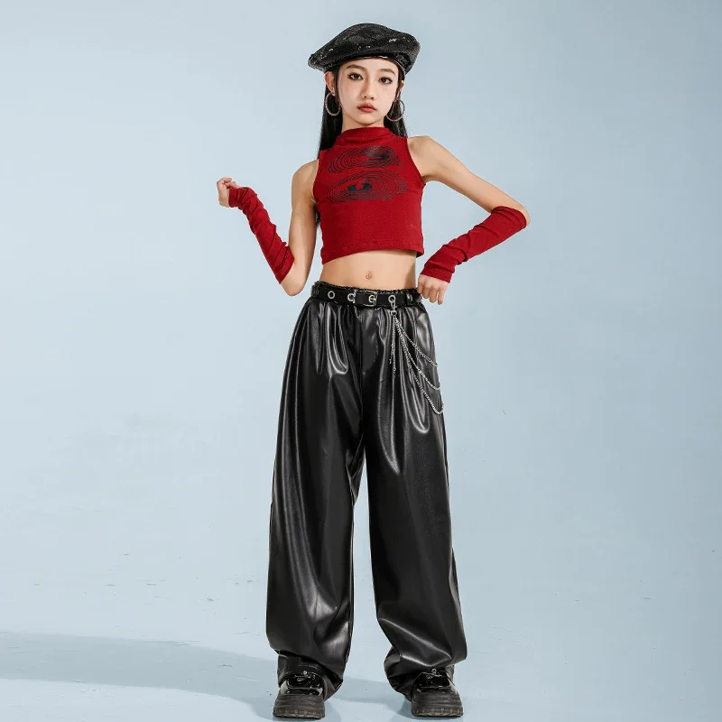 Meninas k-pop vermelho colheita topos camisa dança de rua calças de couro do plutônio crianças hip hop streetwear criança jazz topo menina grupo roupas conjunto