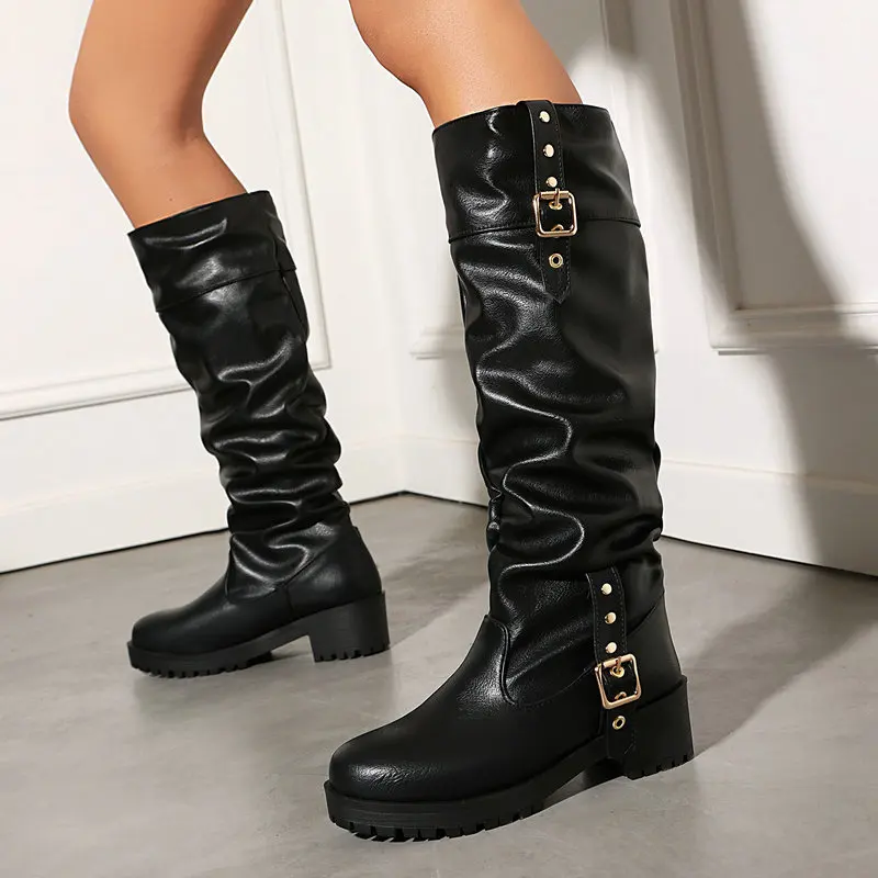 Punk Motorcycle Cowboy Knee High Boots Women PU Leather Metal Buckle Chunky Heel Western Riding Tall Boots Street Ladies Boots