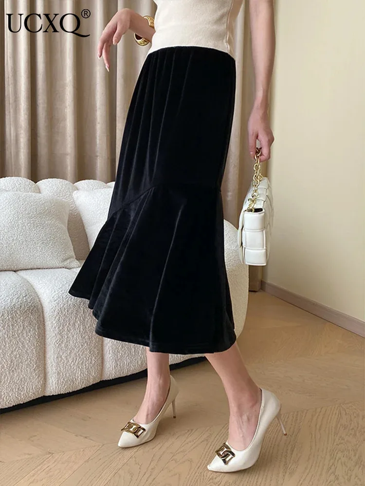 

UCXQ Vintage Black Skirt Office Lady High Waist All Match Asymmetric Temperament Elegant Skirts Women 2024 Spring Autumn 23C1878