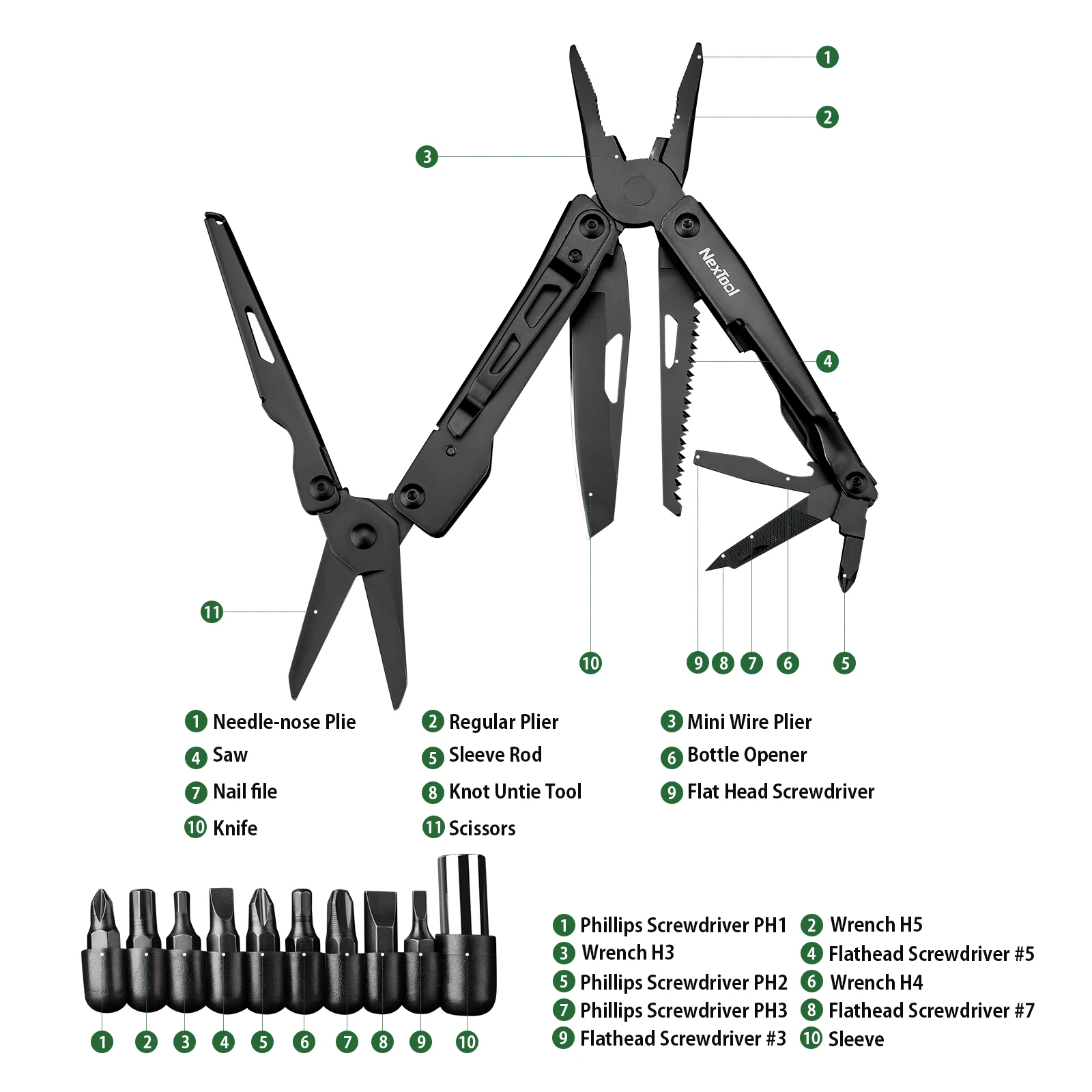 NexTool Black Knight Multitool Pliers 11-in-1 Folding with Knife Scissors Screwdriver Bits for Outdoor Camping Survival