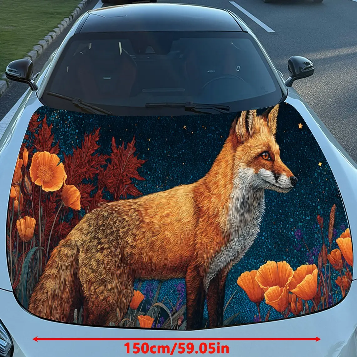 Cute Fox Surrounded by Flowers PVC Car Engine Hood Vinyl Wraps, Self-Adhesive Waterproof Car Hood Decal Sticker, Car Decoration