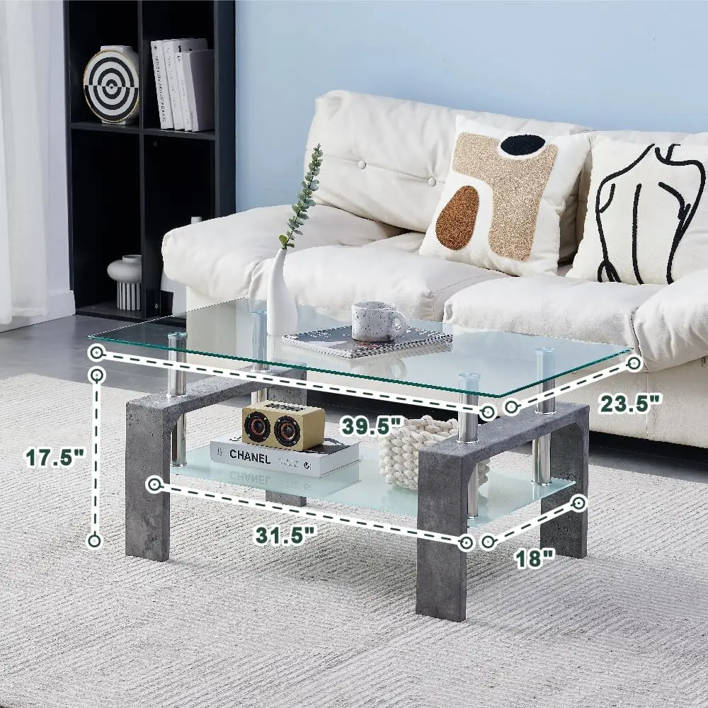 Living Room Rectangle Coffee Table, Tea Table Suitable for Waiting Room, Modern Side Coffee Table with Wooden Leg, Glass