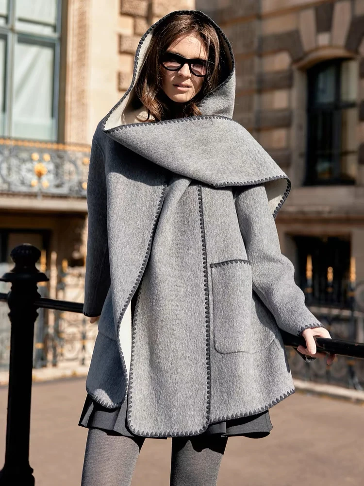 Abnehmbarer Schalkragen, Bürodame, Wolljacke, 2025, Herbst und Winter, lockere Kapuze, kurze Damenmäntel aus 100 % Wolle
