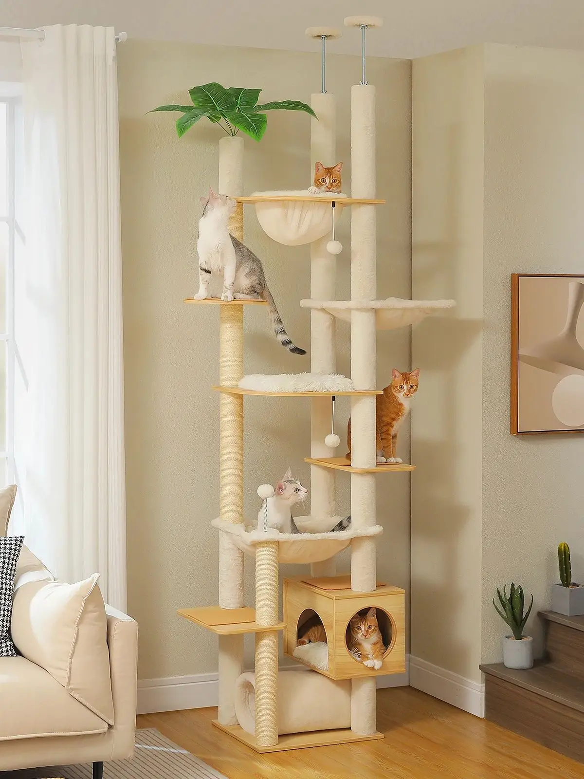 In hoogte verstelbare houten kattenboom met grote hangmat Sisal-krabpalen Van vloer tot plafond Kattentoren Gezellig kattendoom voor binnen - afbeelding 2