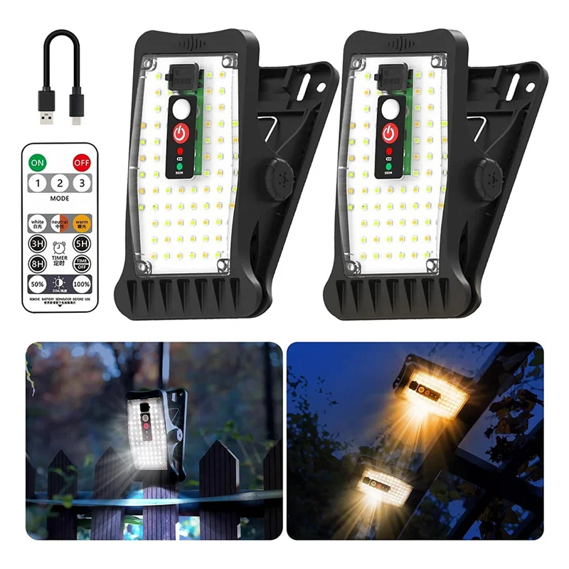 AT02-Solar Motion Lights Clip On Outdoor Waterproof With 800LM, 3 Color Temperature, USB & Remote Control, 2 Pack Solar Light
