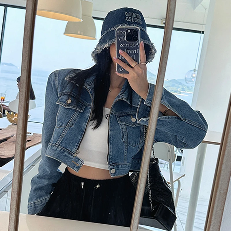 Jaket Denim lengan panjang kerah lipat mantel Denim longgar Single Breasted saku Solid Veste Femme Korea Chic Zip semua cocok