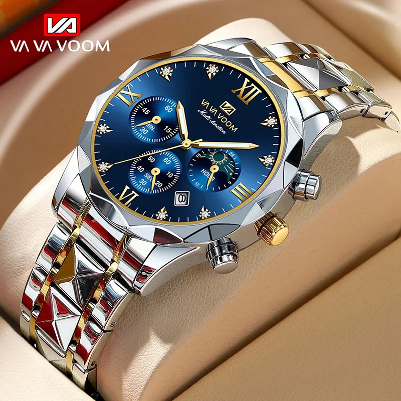 

New Men Watch Business Diamond Waterproof Stainless Steel Fashion Quartz Wristwatches Moon Phase Complete Calendar Week Display
