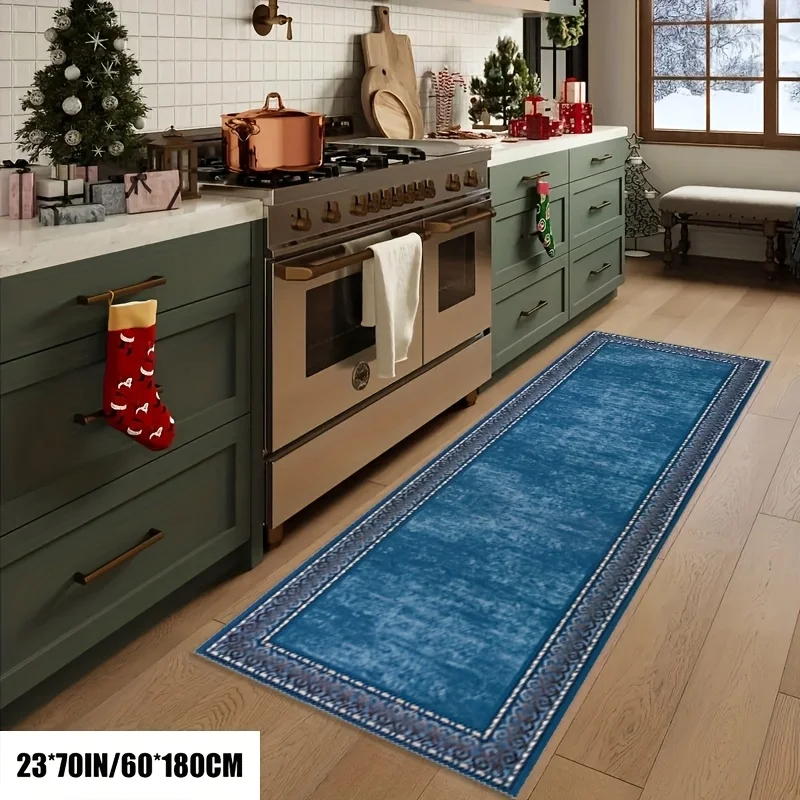 Vintage Blue Medallion Runner Rug, Ornate Border Geometric Pattern Non-Slip Absorbent Floor Mat for Living Room Entryway