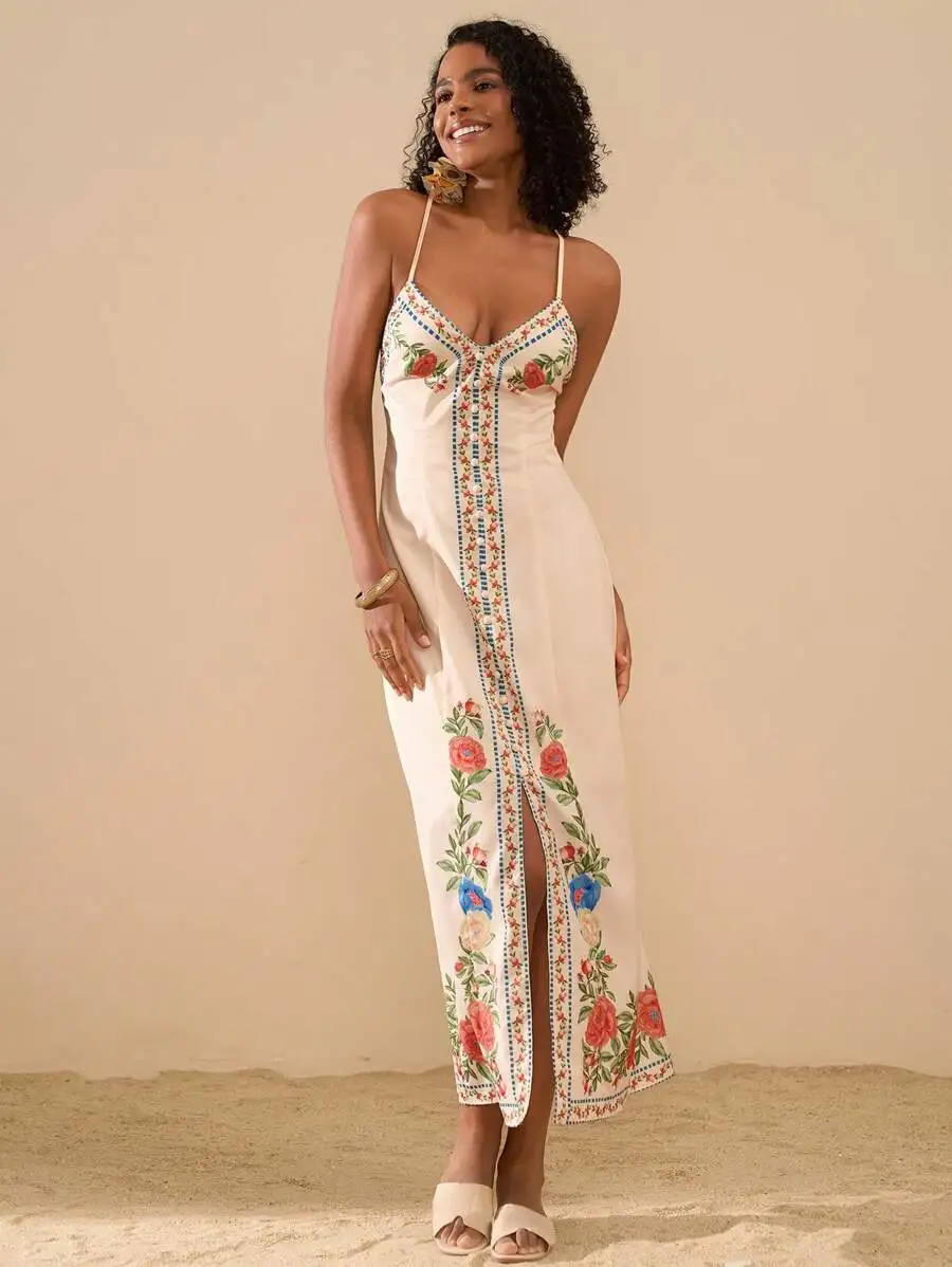 

Boho Floral Print Sleeveless Maxi Dress With Front Slit For Summer Vacation Beach Wear