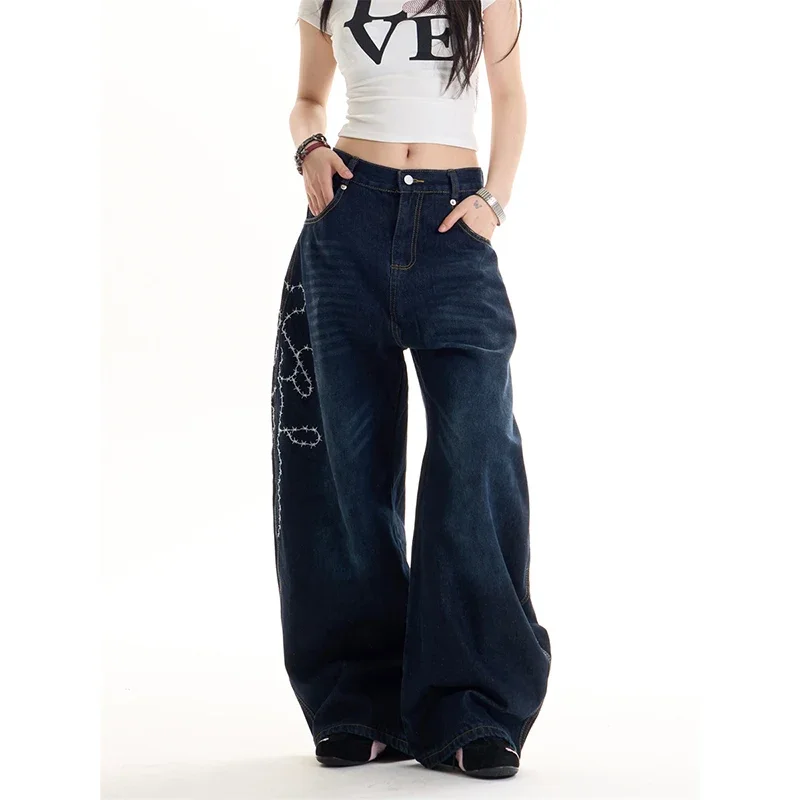 المرأة خمر الأزرق التطريز فضفاض الجينز الأمريكية الرجعية Harajuku 90s Y2k طباعة سراويل جينز اليابانية 2000s 90s السراويل