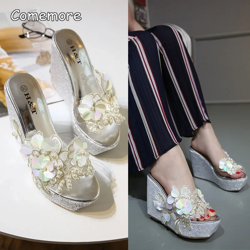 Comemore Women Fashion Silver High Heels Female Gold Shoes Slippers Footwear for Woman New Summer Flower Platform Wedges Sandals