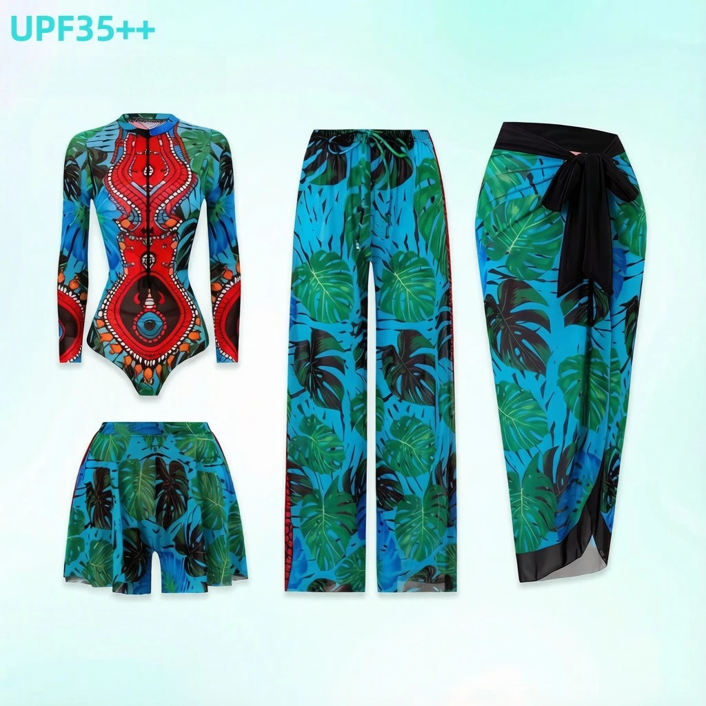2026 Women 4Pcs Tropical Leaf Totem Print Swimwear Set Long Sleeve Front Zip Rash Guard + Wrap Skirt Wide Leg Pants Beach Shorts