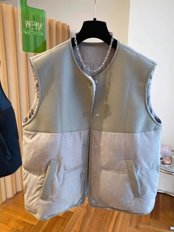 

Свободный кожаный жилет с лоскутными вставками для мужчин и женщин, осенне-зимняя новинка, модный городской повседневный жилет на одной пуговице