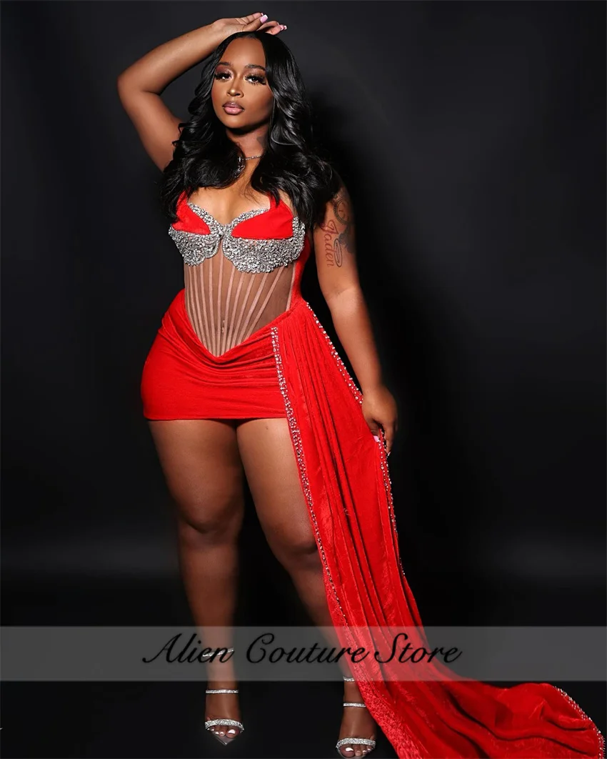 فساتين لحضور الحفلات الموسيقية القطيفة الحمراء 2024 فستان مرصع بأحجار الراين خرز كريستالي للفتيات السود فساتين حفل فستان كوكتيل مشد مخصص