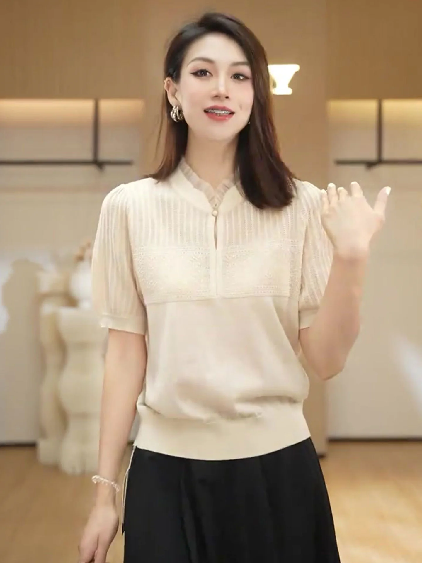 Ele Ice Silk Knitted ort Sve T-irt oulder Width Regular Summer Base Layer White Enhancing Women's Faion Top