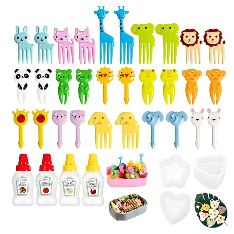 12-46pcs Bento Box Accessory Set Cute Mini Fruit Forks Set Portable Tomato Sauce Dispenser Set For Camping School Lunch Boxes