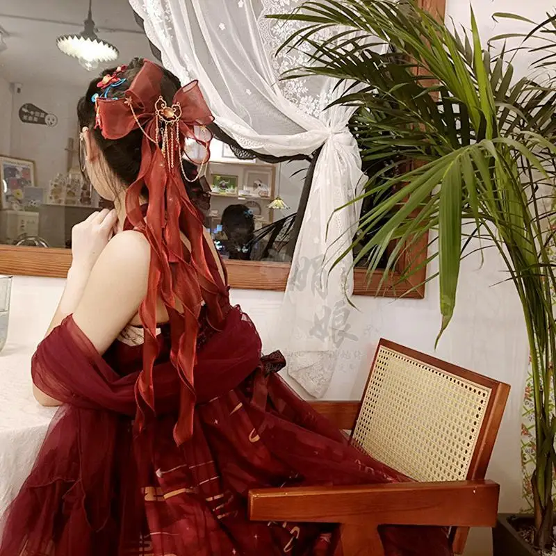 

Lolita Large Bow Ribbon Head Clip Chinese Style Wine Red Accessories Taiyan Beast Hair Ornaments Glass Hairpin