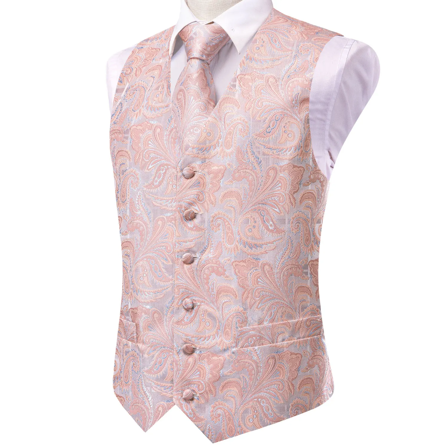 Coral Pink Paisley Silk Men Vest Sleeveless Jacquard V-Neck Waistcoat Necktie Hanky Cufflinks Clip Wedding Business Party Hi-Tie