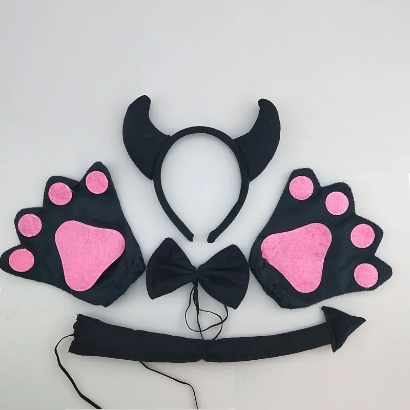 

Adult Kids Party Devil Demon Evil Ears Headband Bow Tie Tail Paws Animal Hair Bands Birthday Halloween Costume Cosplay