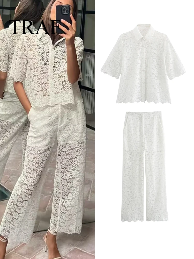 TRAF New Women\'s Lace 2-piece Sets 2024 Fashion Spring Summer New Short Sleeve Pockets Tops+ Ankle-Length Zipper Fly Pants