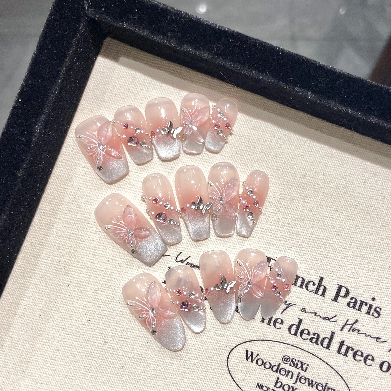 10pcs Pink Blush Handmade Press On Nails With Diamond Crystal Butterfly Decor Coffin Almond Flash Cat's Eye Gradient False Nails