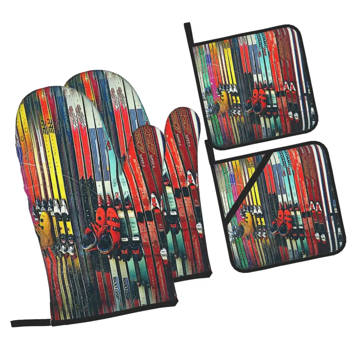 Ski Sun Valley Oven Mitts and Pot Holder Sets of 4 for Baking Kitchen Cooking Grilling Resistant Non-Slip Gloves