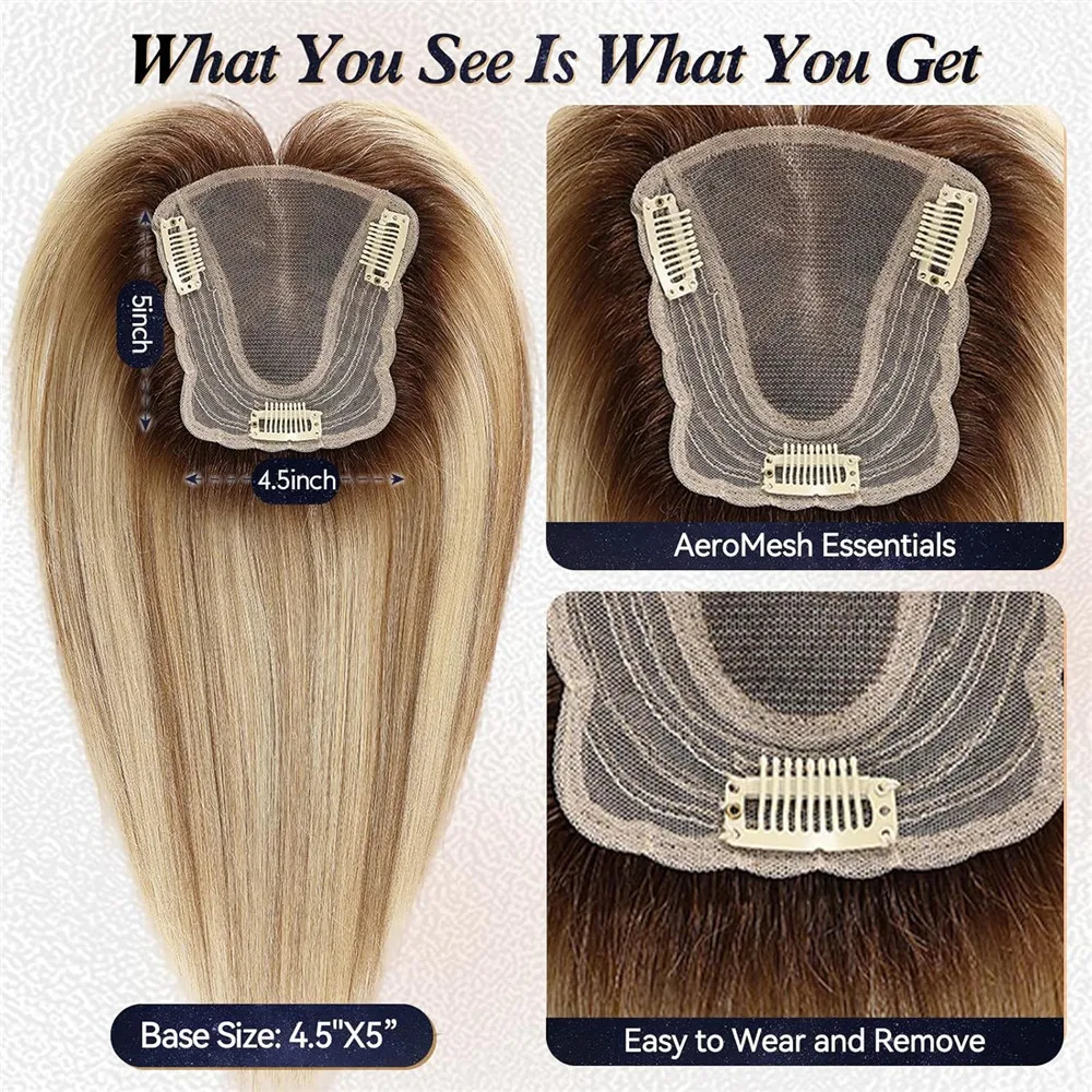 Ombre Blonde Highlight Natural Human Hair Toppers for Women 4.5*5 inch Lace Base Hair Topper Silk Straight Remy Hairpiece