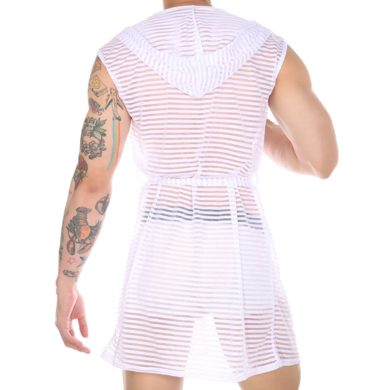 2023 Mens See-Through Striped Hooded Robe with Belt Solid Color Sleeveless Open Front Loose Loungewear for Swimming Pool Bedroom