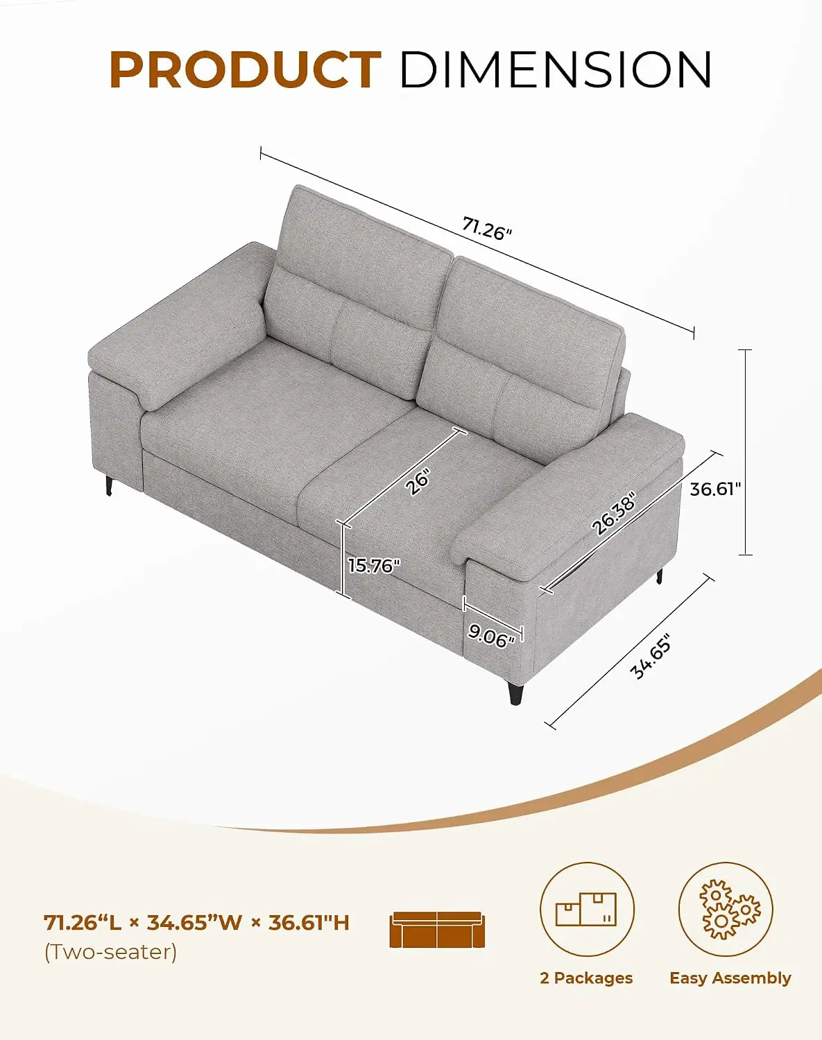 Deep Seat Chenille Loveseat 2-Seater Convertible Armrest Removable Cover High Leg Living Room 8