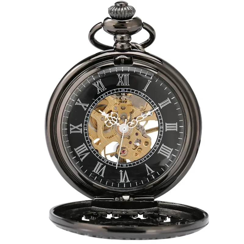 Antique Black Hollow Spider Web Hand Winding Mechanical Pocket Watch Luxury Roman Numerals Display FOB Chain Pendant Clock Gift