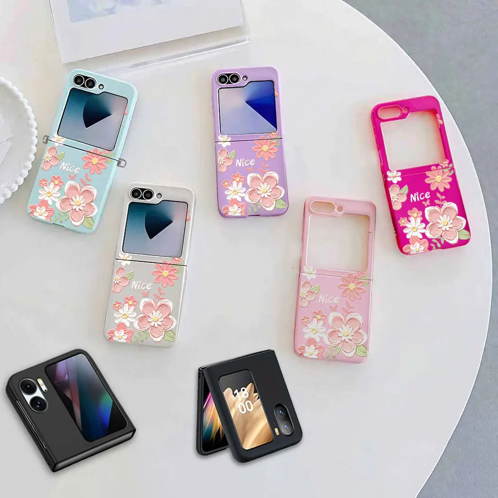 Luxury Phone Soft Case for Samsung For Galaxy Z Flip 7 6 Z 5 Z 4 Z 3 5G Cute Candy Solid Protective Cover Floral Pattern