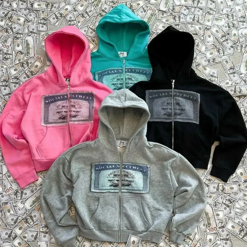 European American Winter Y2K Street Personalized Pattern Printed Top Coat Mens Women's Loose Casual Cardigan Zipper Sweat Hoodie