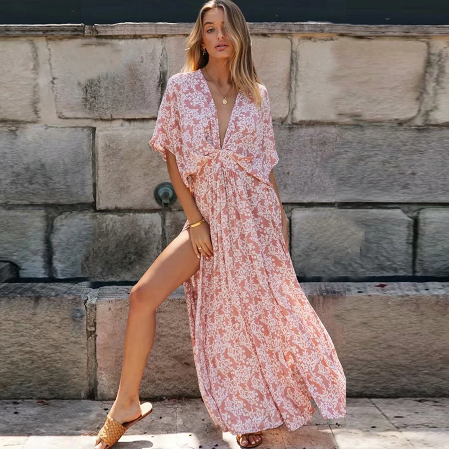 TEELYNN-Robe longue rose à fleurs pour femmes, sexy, décolleté en V profond, fendue sur le côté, style boho, vintage, éducatif, décontracté, plage, été, 2023