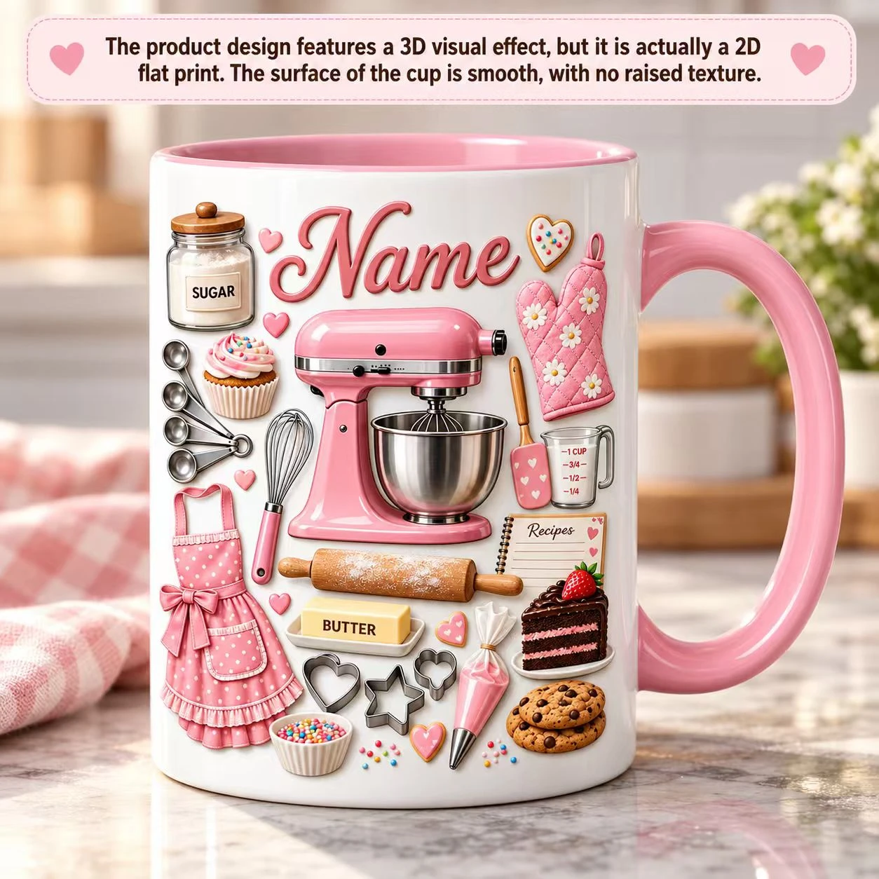 2D Flat Printing 1pc 11oz Custom Name Baker Mug, Birthday Kitchen Gift For Bestie, Hand Wash Only Microwave Safe, Water Cup