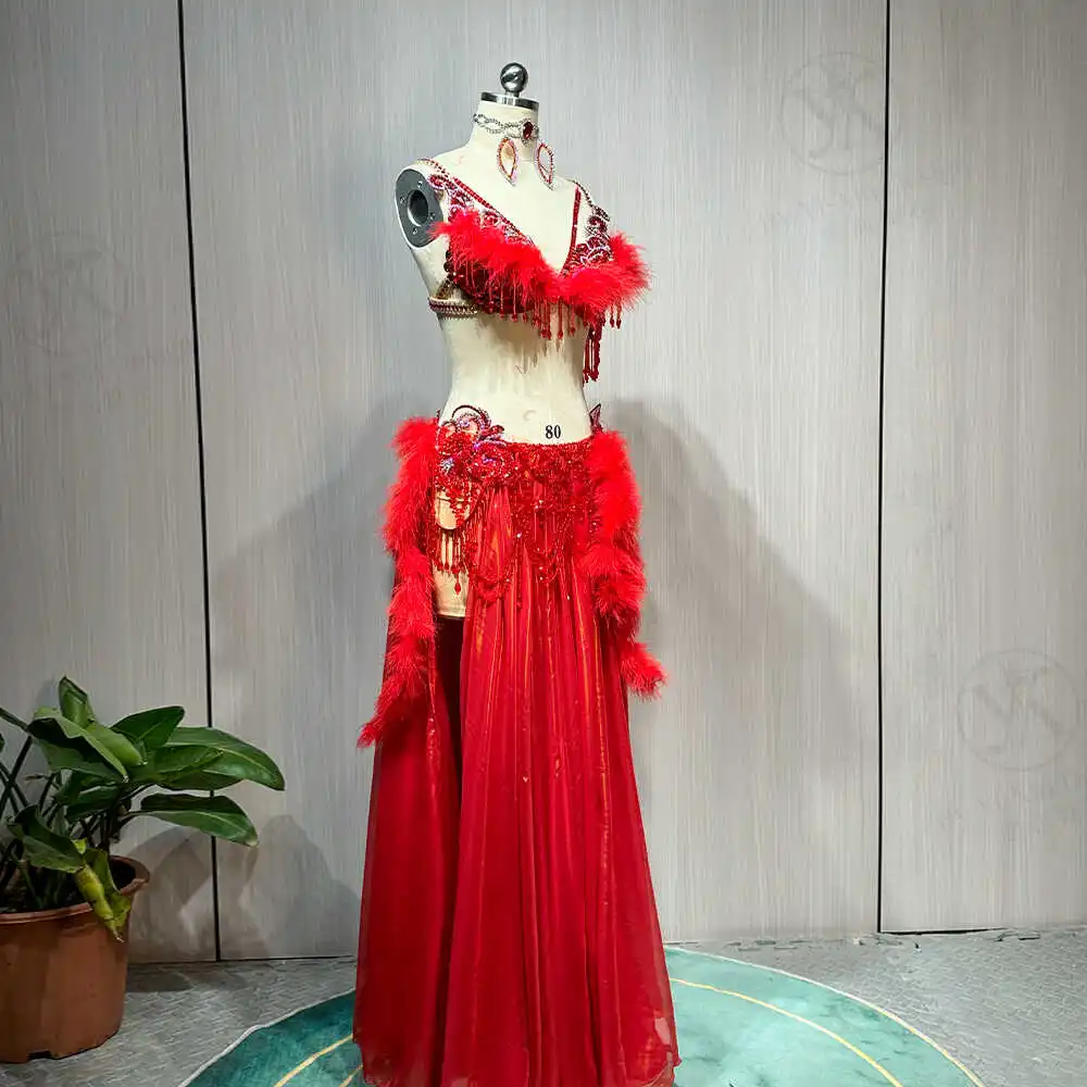 Customized Eastern Belly Dancewear Women Clothes Tassel Belly Dancing Bra Skirt Belt Oriental Dance Costume Group Stage Suit Set
