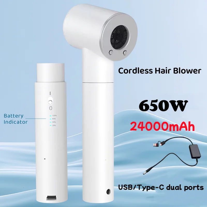 650W Cordless Hair Dryer Hot/Cold Air 24000mAh Rechargeable Portable Travel Blow Dryer Gifts for Women/Mom Use Anytime Anywhere